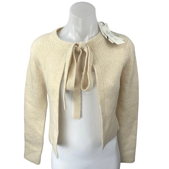 NEW Zara Cream Wool Rib Long Sleeve Bow Front Tie Crop Cardigan Sweater Top M - Picture 1 of 5